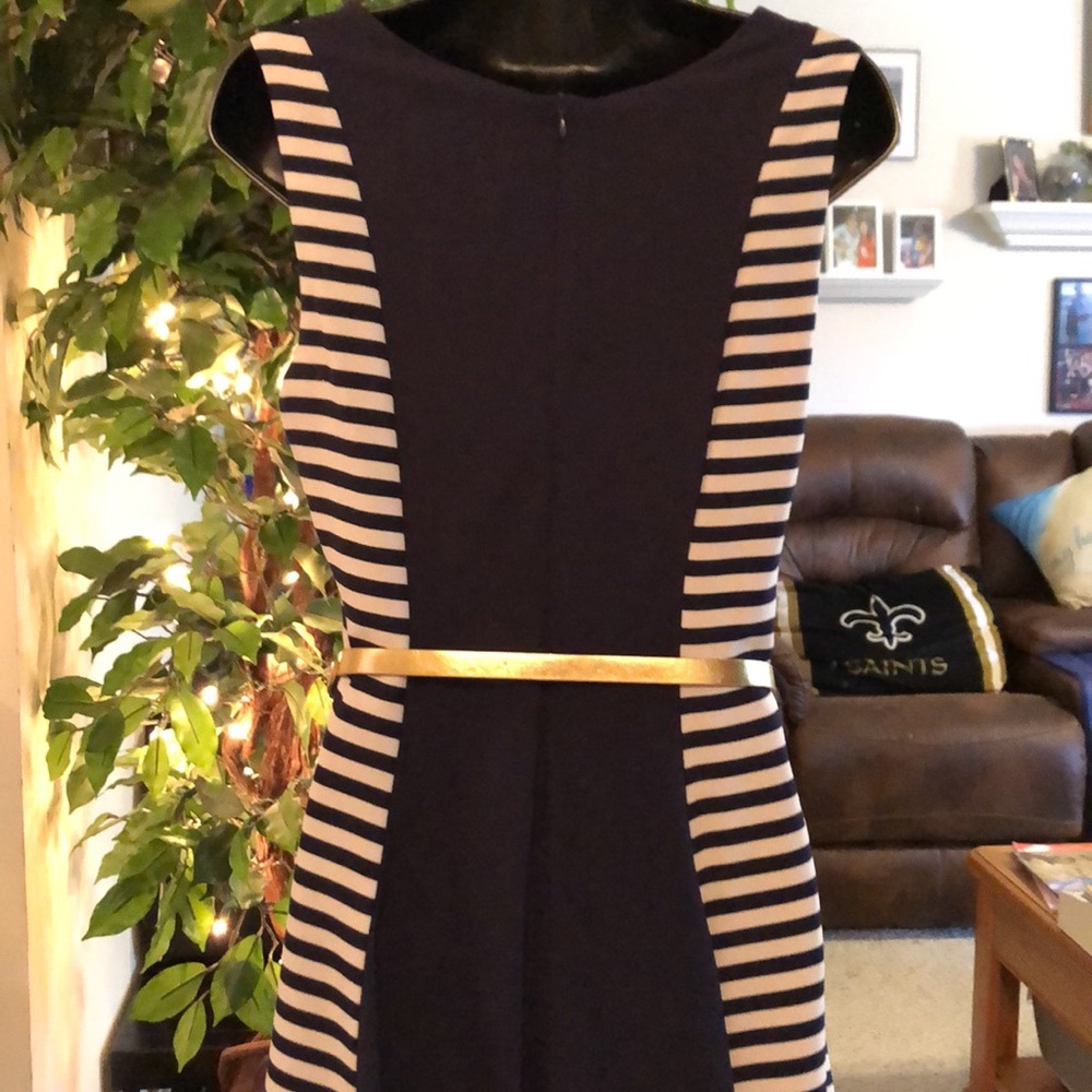 Navy & White Striped Dress with a Gold Belt - Picture 9 of 10